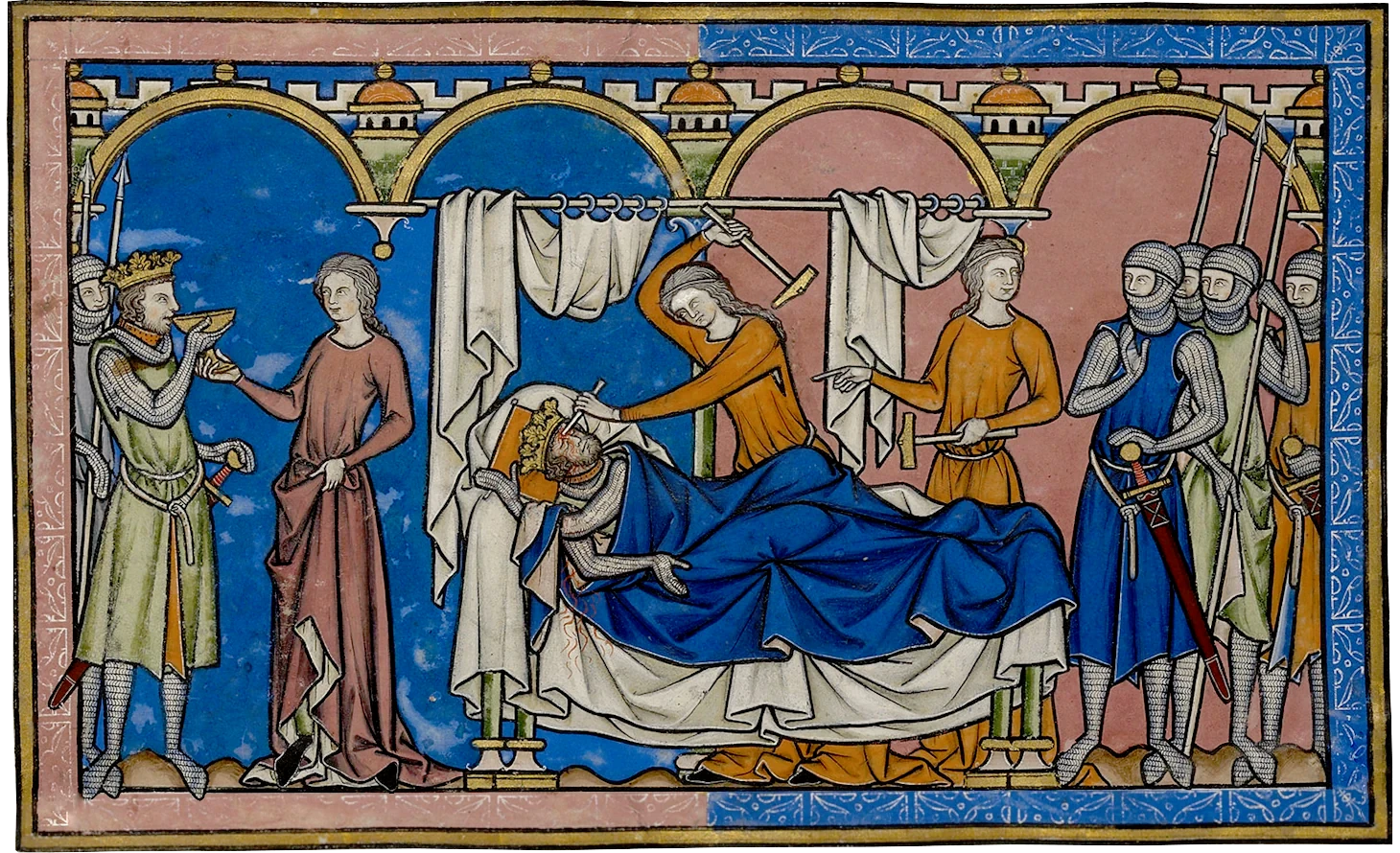 A murder scene from a medieval illuminated manuscript.