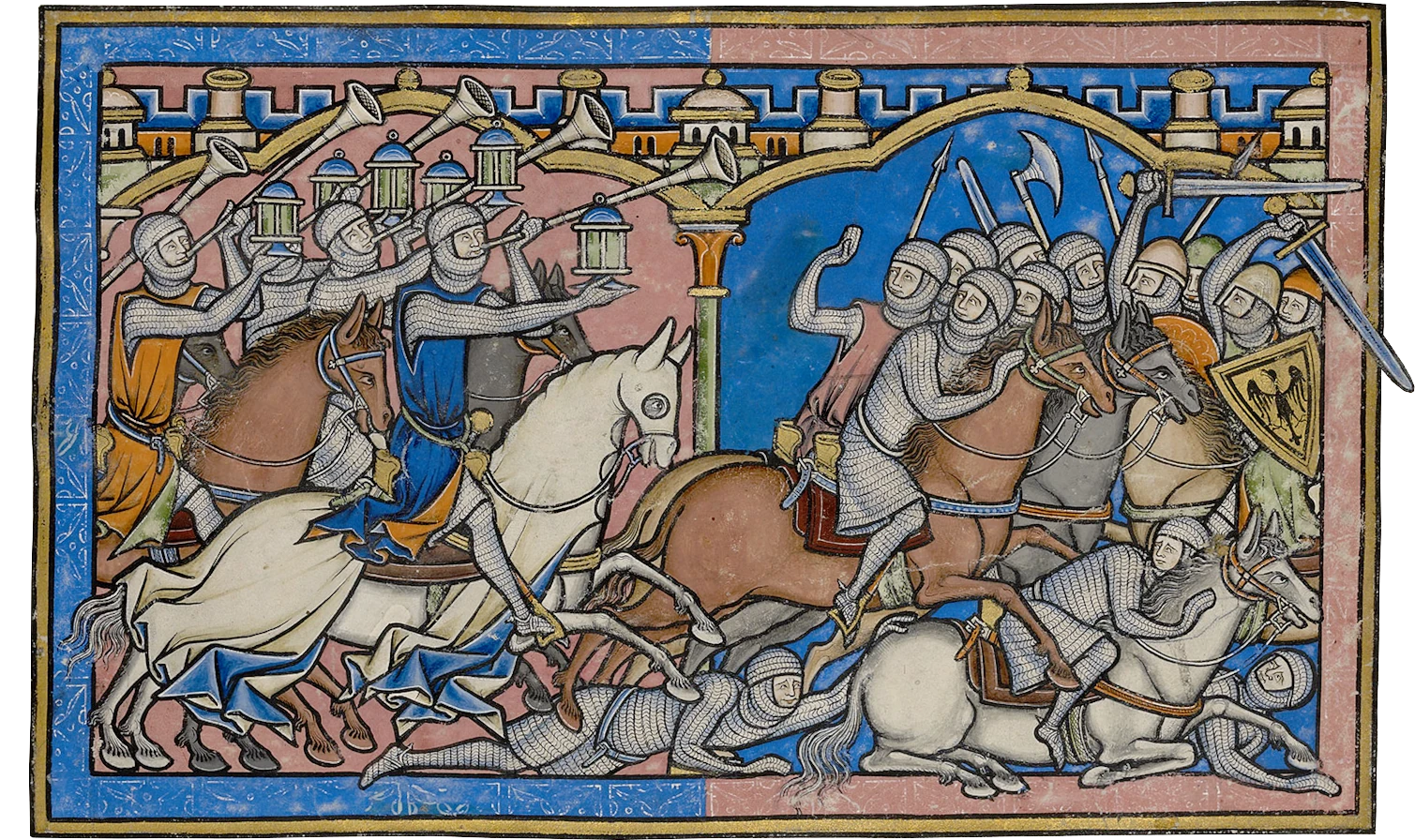 A battle scene from a medieval illuminated manuscript.