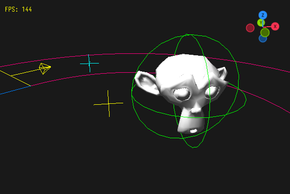 A 3D scene with a line based road, a few arrows, a monkey head and a line based sphere.