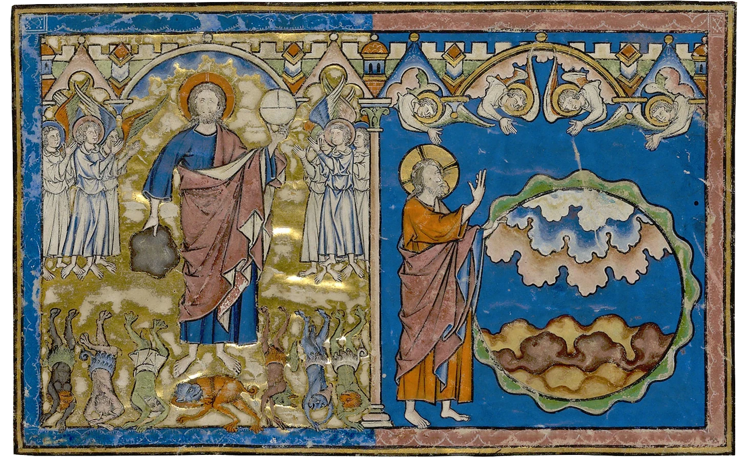 The creation of heaven an earth from a medieval illuminated manuscript.