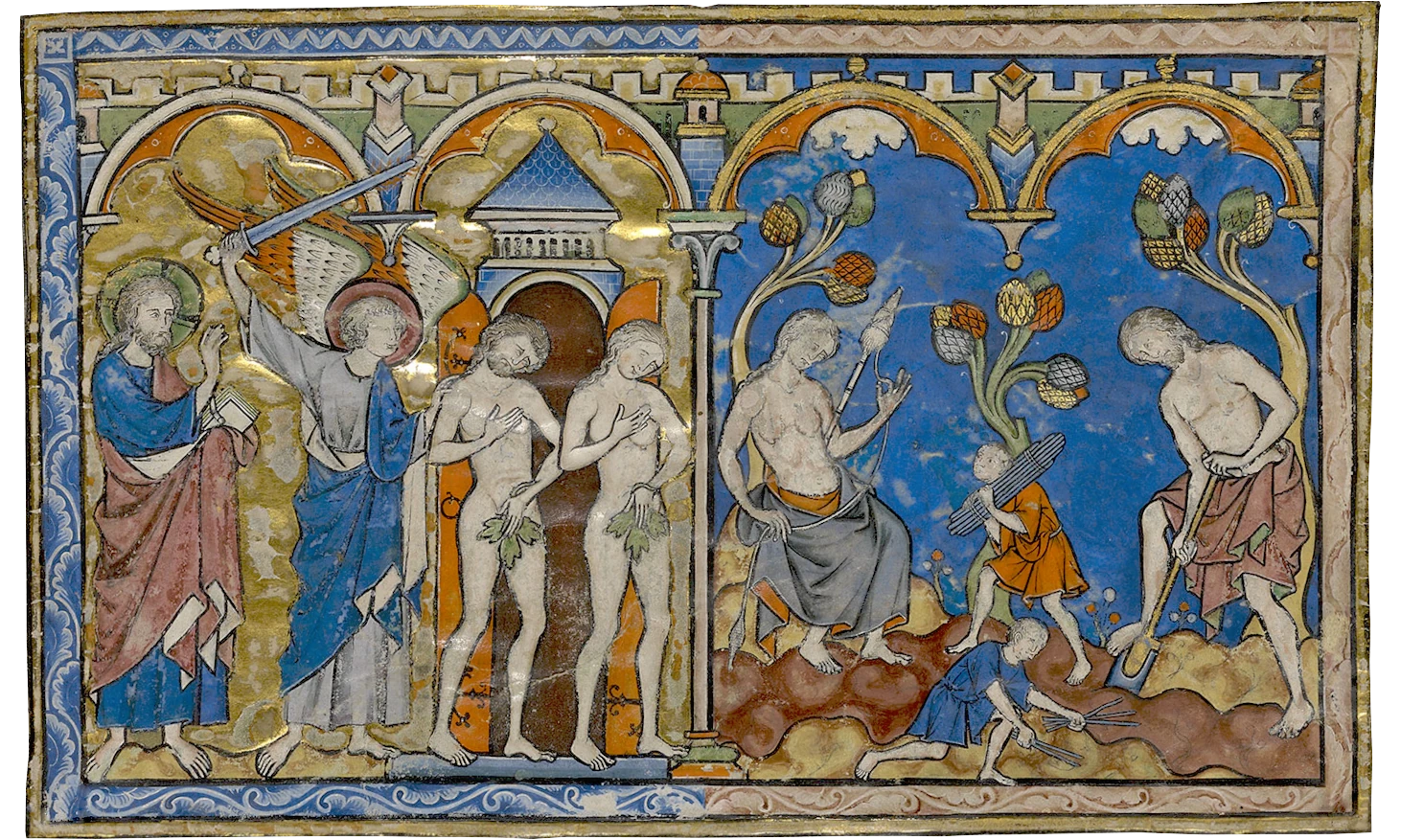 A scene from a medieval illuminated manuscript depicting Adam and Eve getting cast out of paradise.
