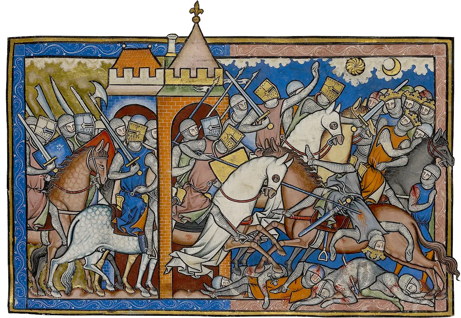 A battle scene from a medieval illuminated manuscript.
